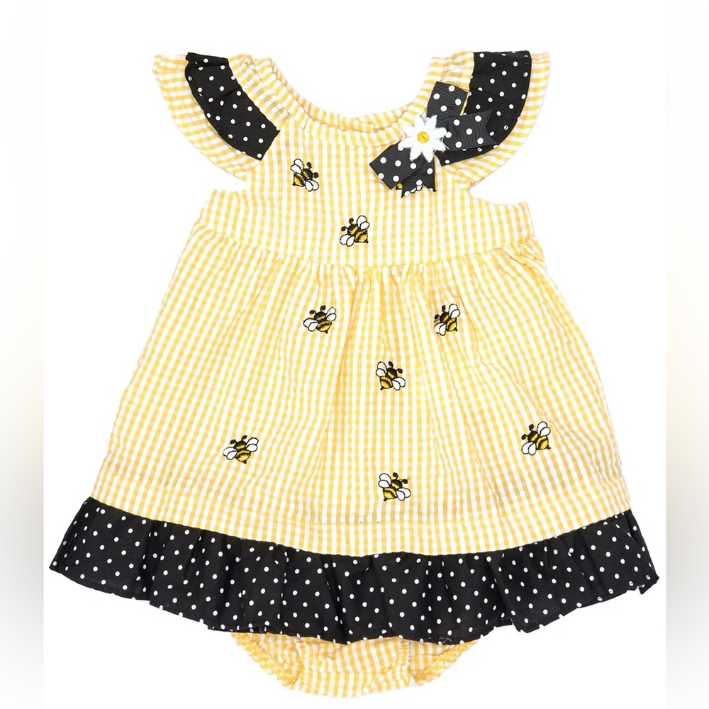 Rare Editions Yellow Seersucker Baby Dress with Bee Pattern
